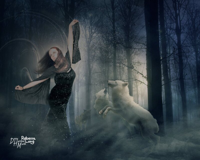 Woman with White Wolves — Black, Mystical