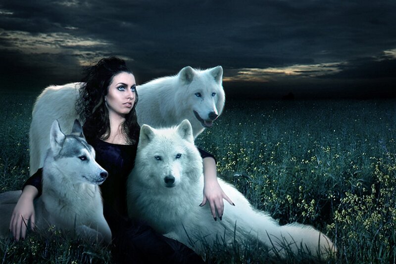 Woman with White Wolves — Black