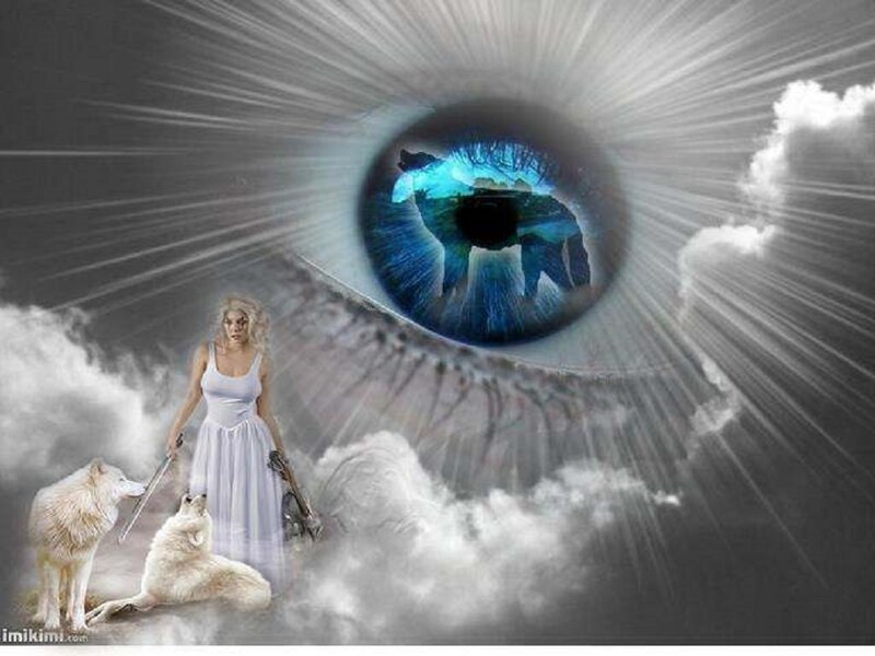 Woman with White Wolves — Blue, Dramatic, Digital Art