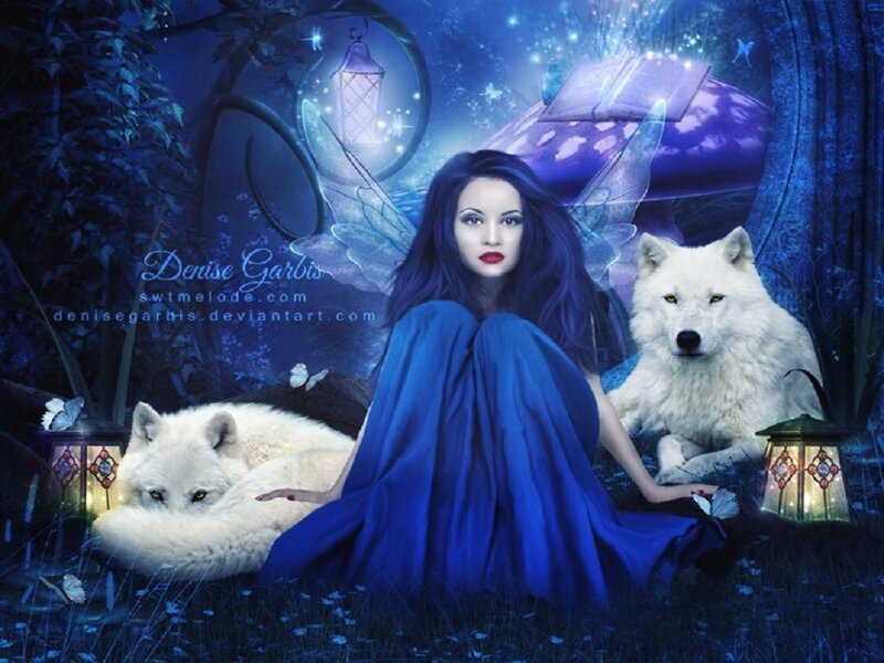 Woman with White Wolves — Blue, Fantasy