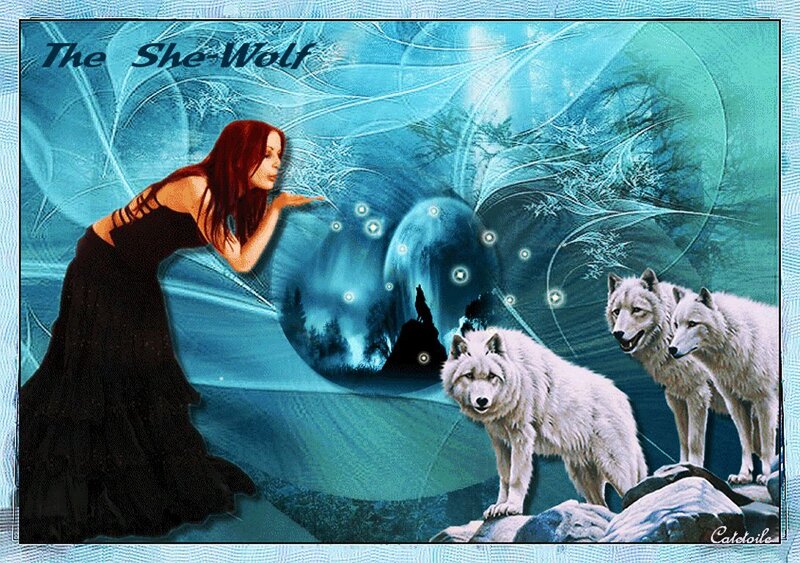 Woman with White Wolves — Blue, Mystical