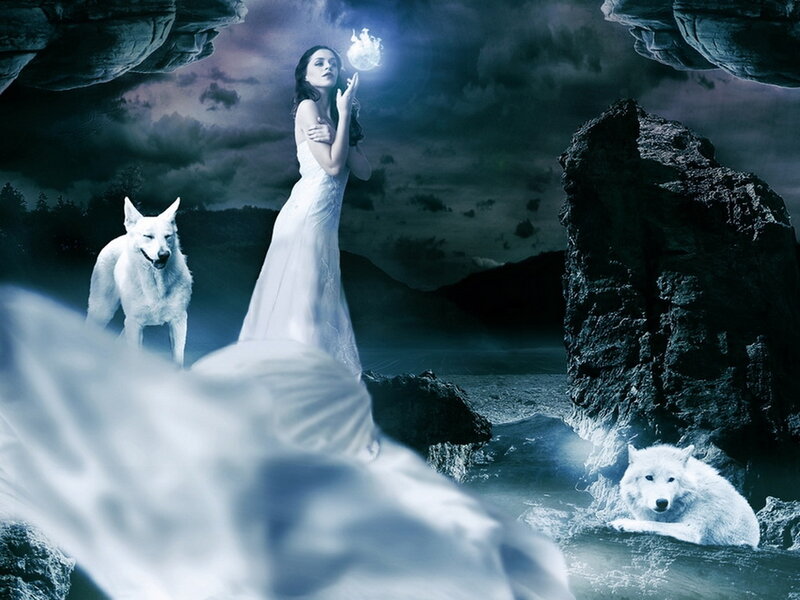 Woman with White Wolves — Blue