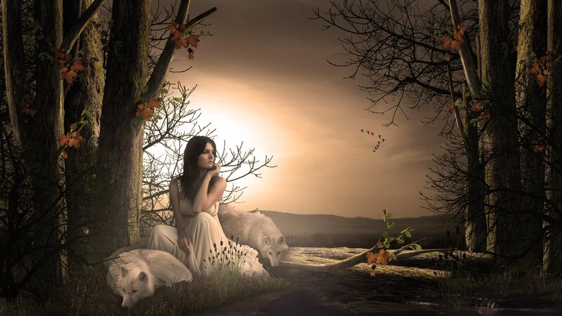 Woman with White Wolves — Brown, Serene, Sunset