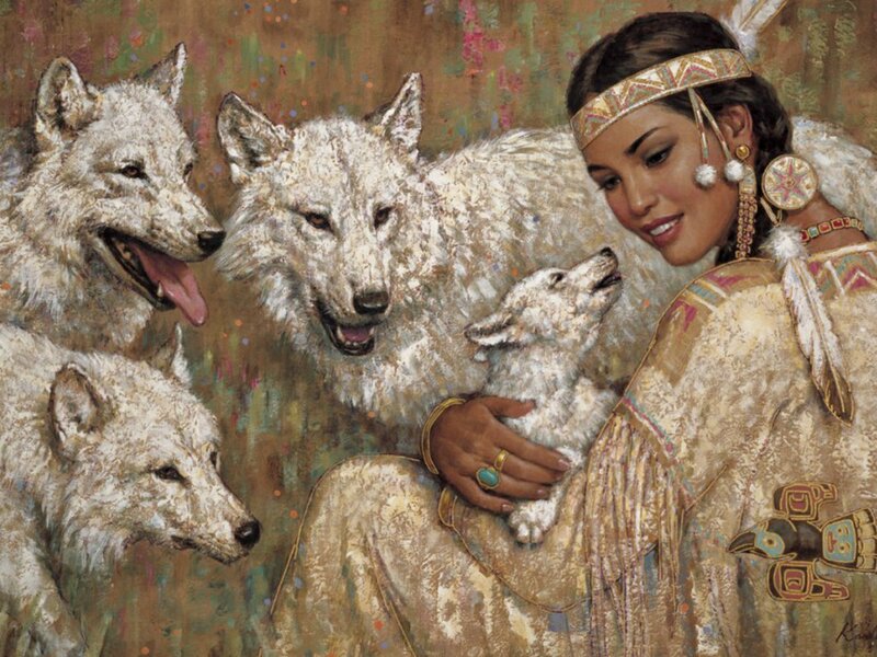 Woman with White Wolves — Brown
