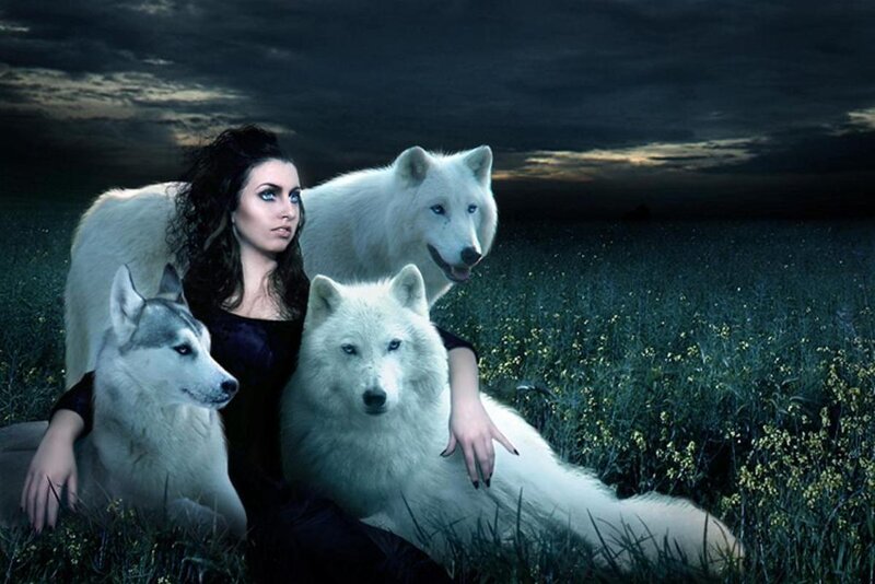 Woman with White Wolves — Dramatic, Night
