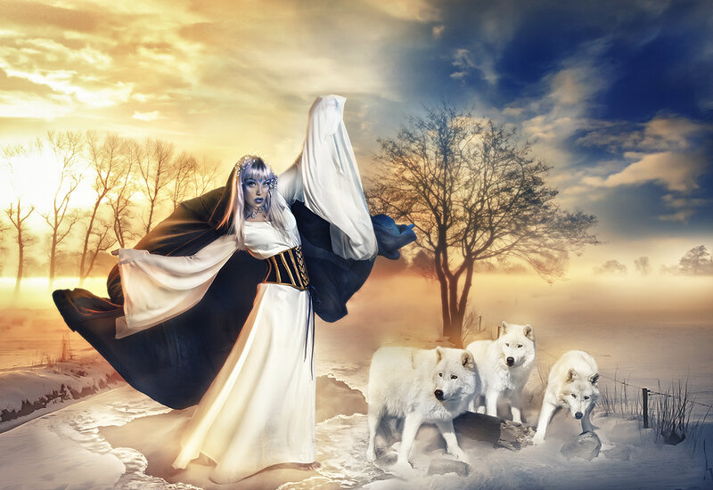 Woman with White Wolves — Dramatic