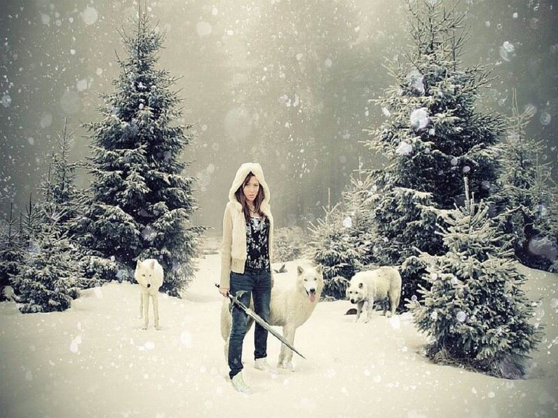 Woman with White Wolves — Dramatic, Winter, Digital Art