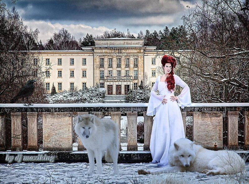 Woman with White Wolves — Dramatic, Winter, Photograph