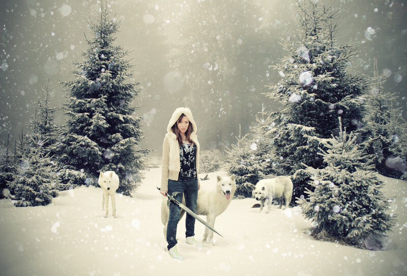 Woman with White Wolves — Dramatic, Winter