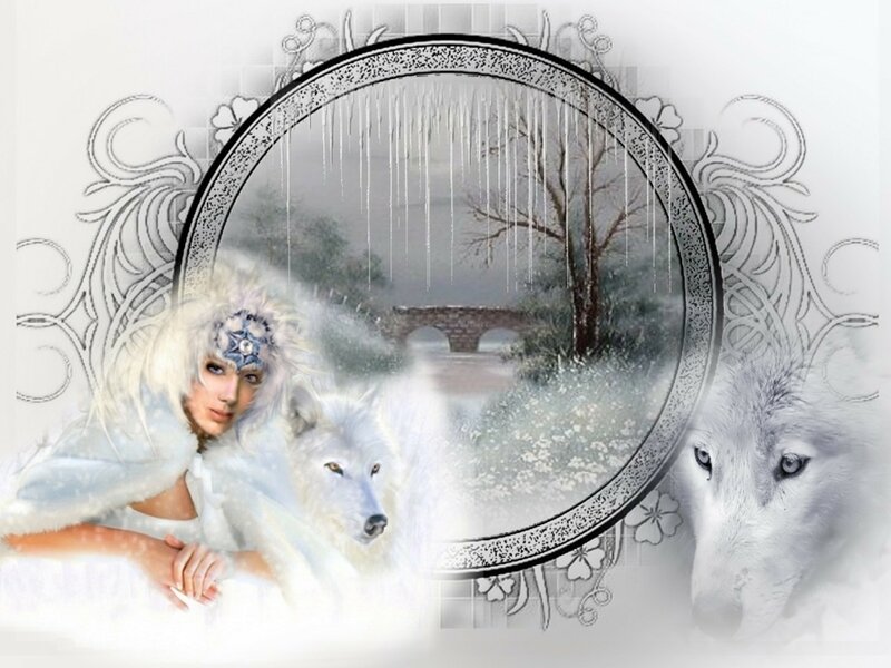 Woman with White Wolves — Ethereal, Winter