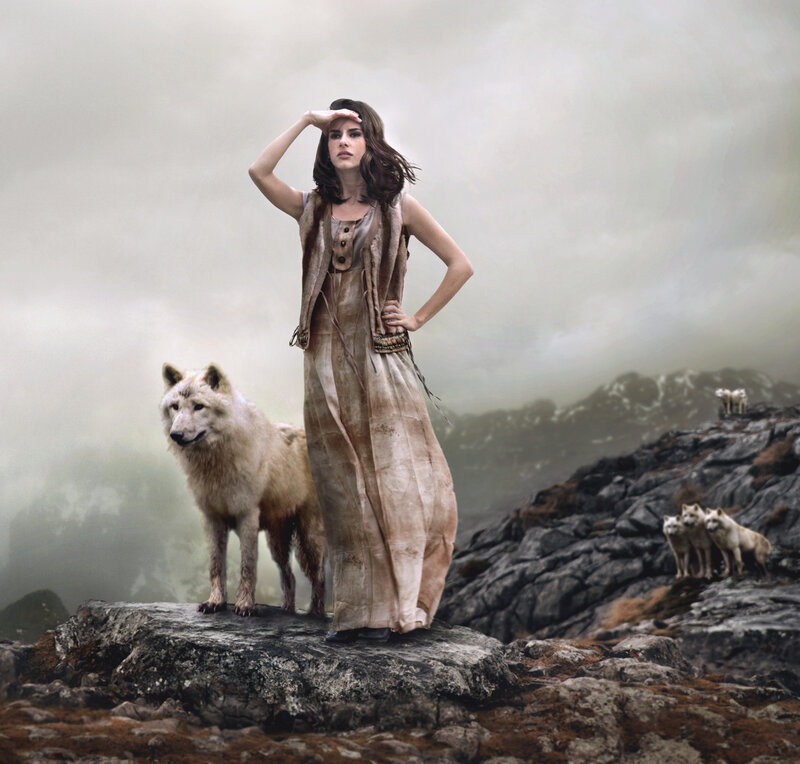 Woman with White Wolves — Gray