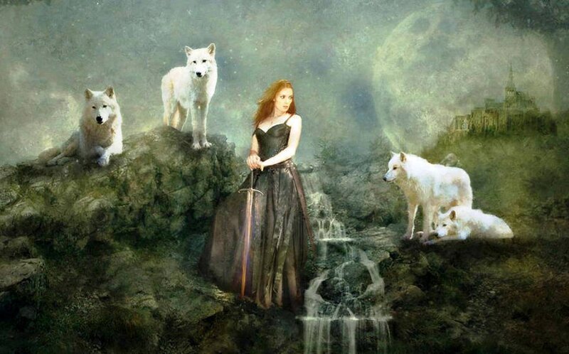 Woman with White Wolves — Green, Dramatic