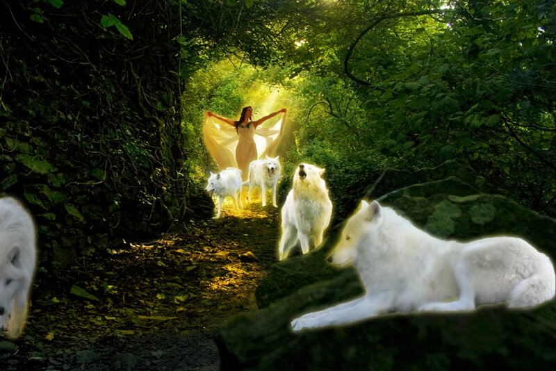 Woman with White Wolves — Green