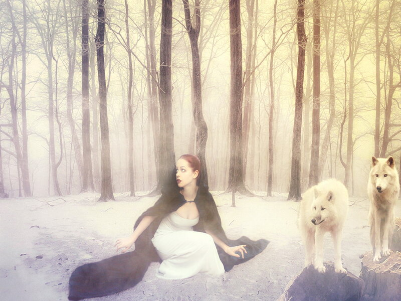 Woman with White Wolves — Mystical