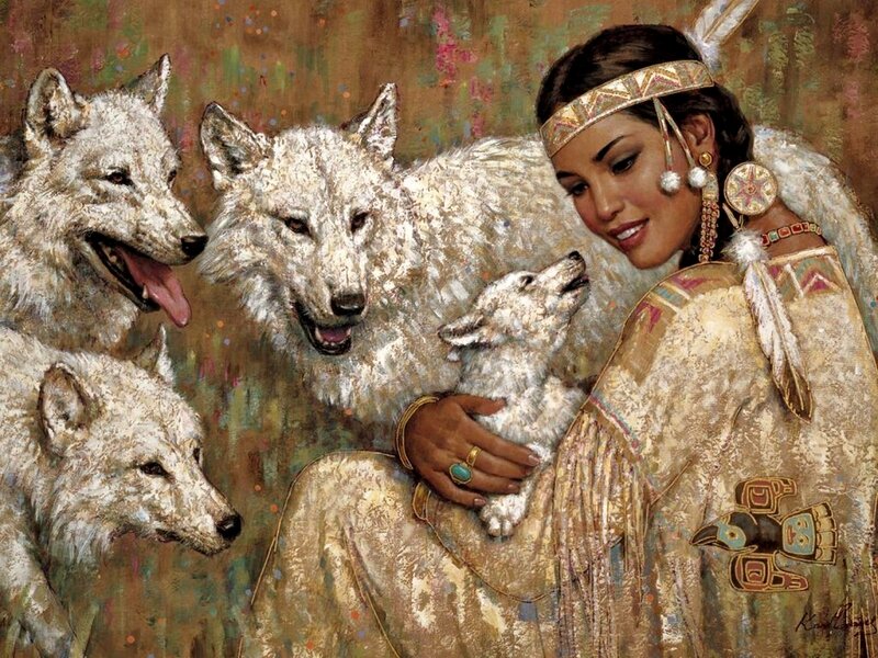 Woman with White Wolves — Peaceful