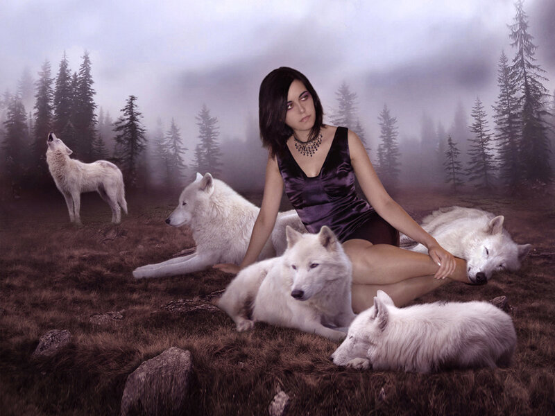 Woman with White Wolves — Purple, Mystical