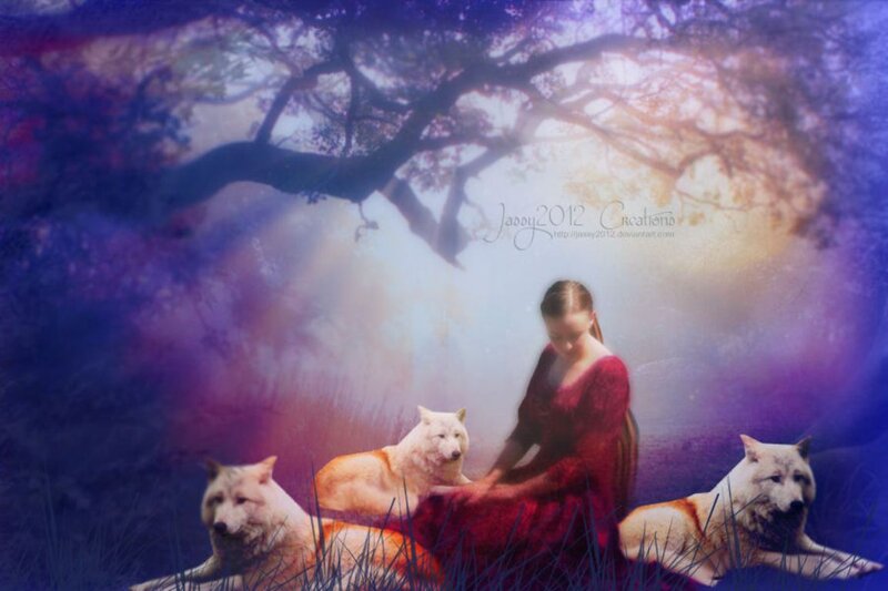 Woman with White Wolves — Purple, Serene