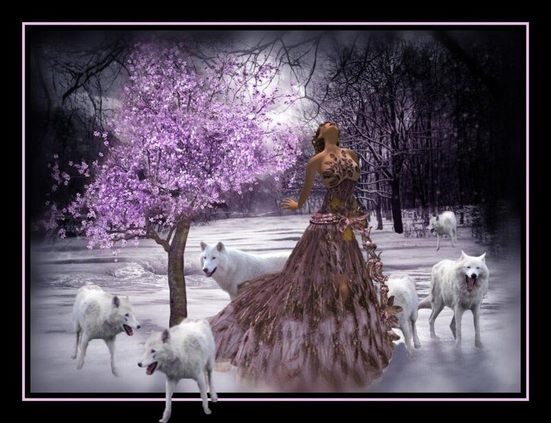 Woman with White Wolves — Purple