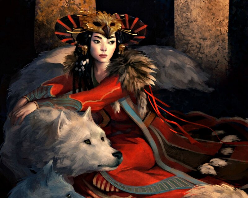 Woman with White Wolves — Red
