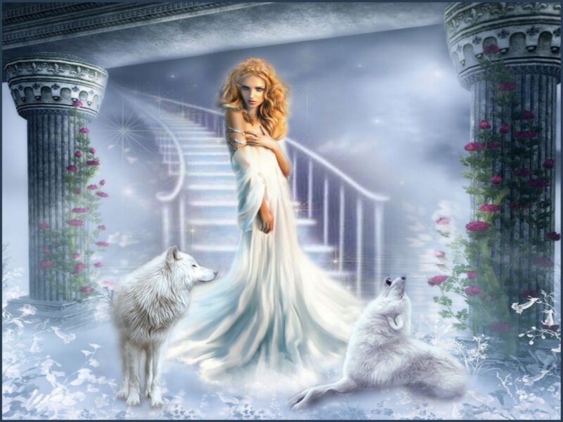 Woman with White Wolves — Serene