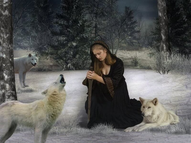 Woman with White Wolves — Serene, Winter, Digital Art