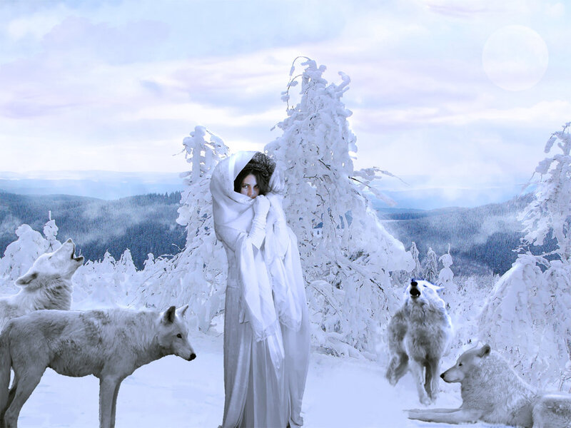 Woman with White Wolves — Serene, Winter