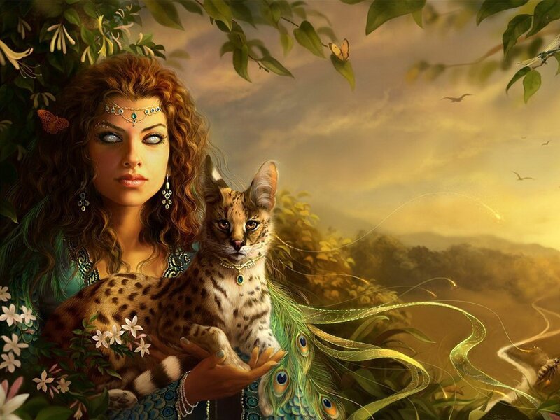 woman with wild cat in garden