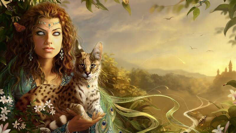 woman with wild cat in garden