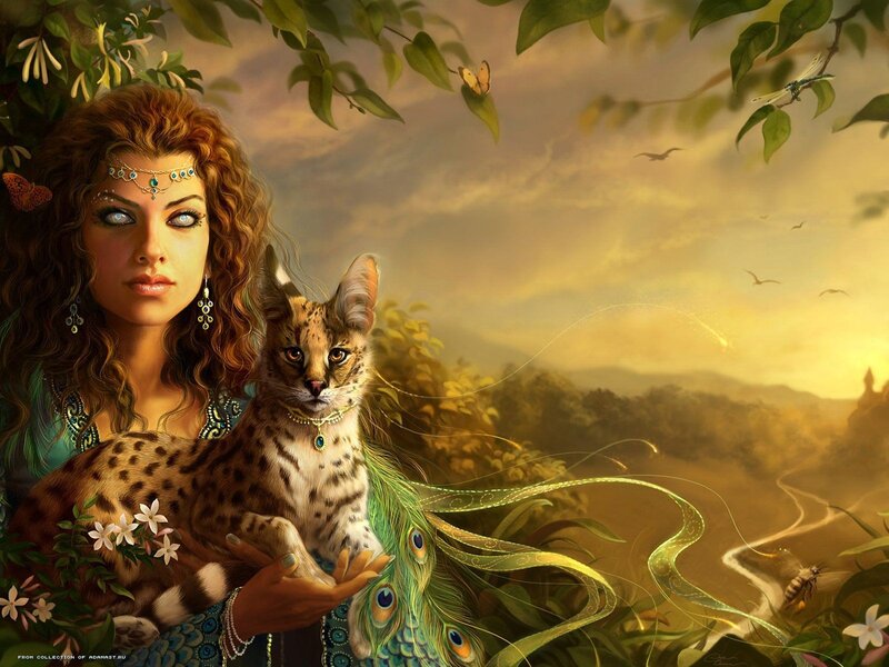 woman with wild cat in garden
