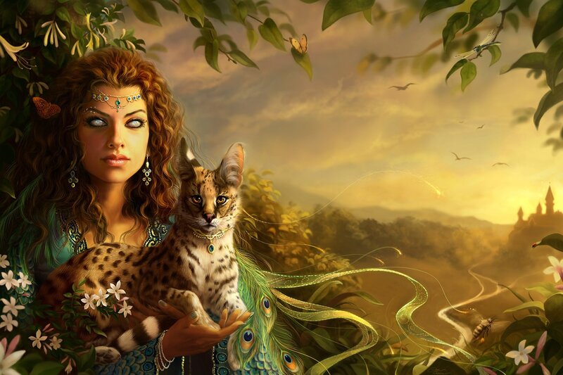 woman with wild cat in garden