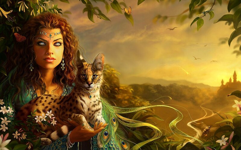 woman with wild cat in garden
