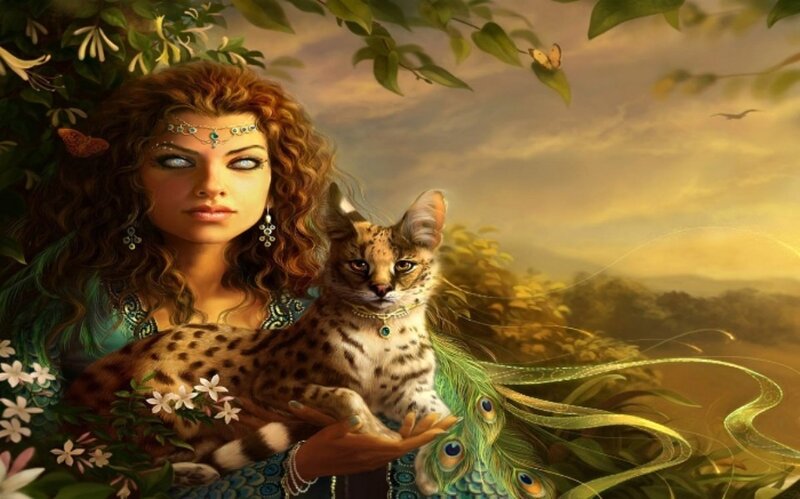 woman with wild cat in garden