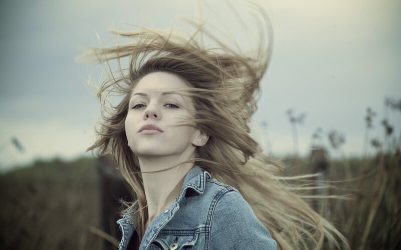 woman with wind-blown hair