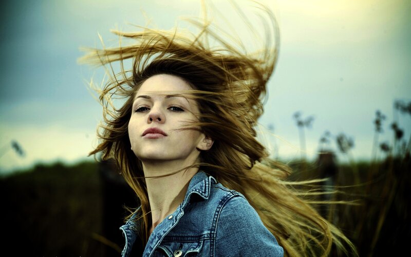 woman with wind-blown hair