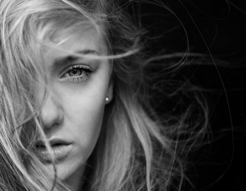 woman with wind-blown hair