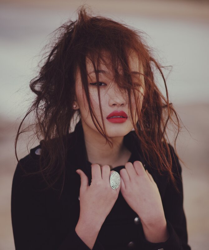 woman with wind-blown hair