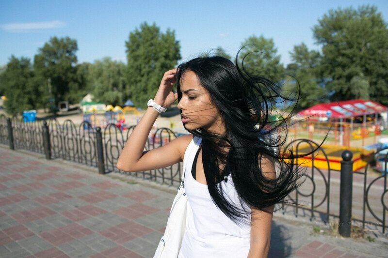 woman with wind-blown hair