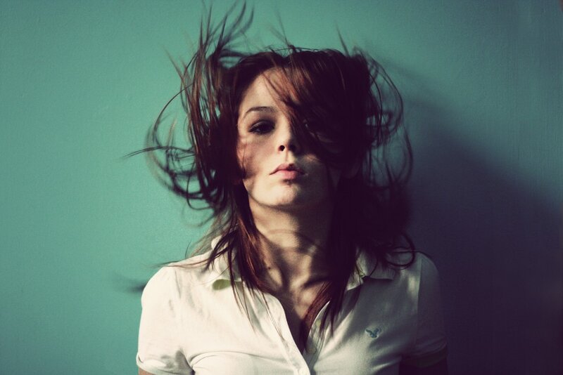 woman with wind-blown hair