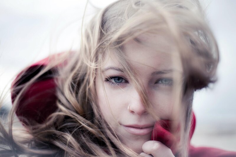 woman with wind-blown hair