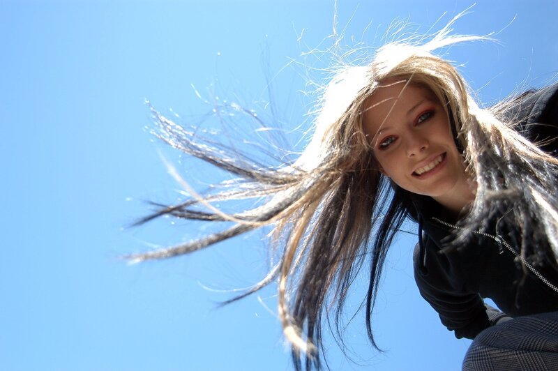 woman with wind-blown hair