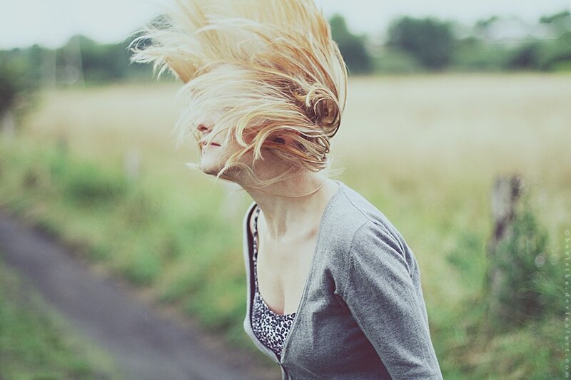 woman with wind-blown hair
