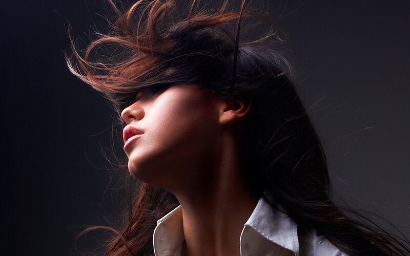 woman with wind-blown hair