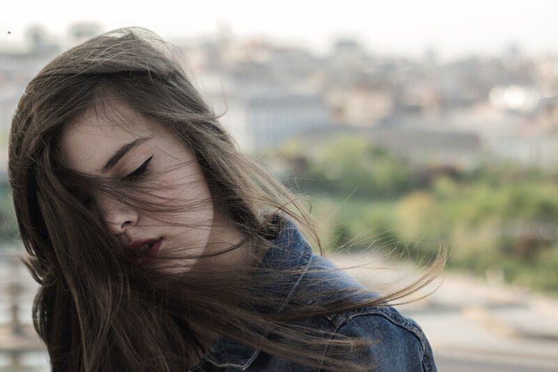 woman with wind-blown hair