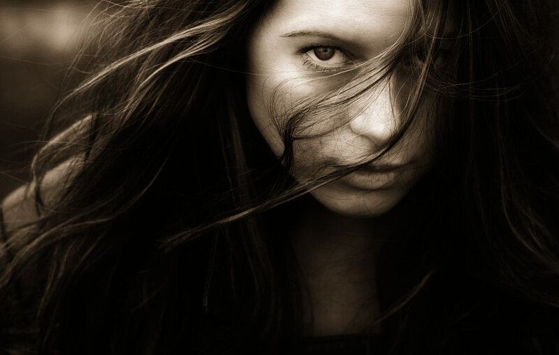 woman with wind-blown hair
