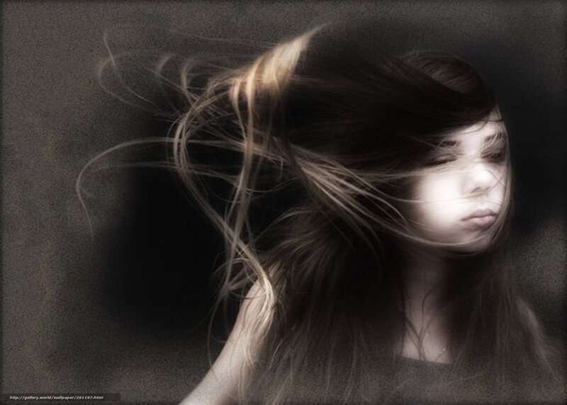 Woman with Wind-blown Hair — Black, Dramatic, Digital Art