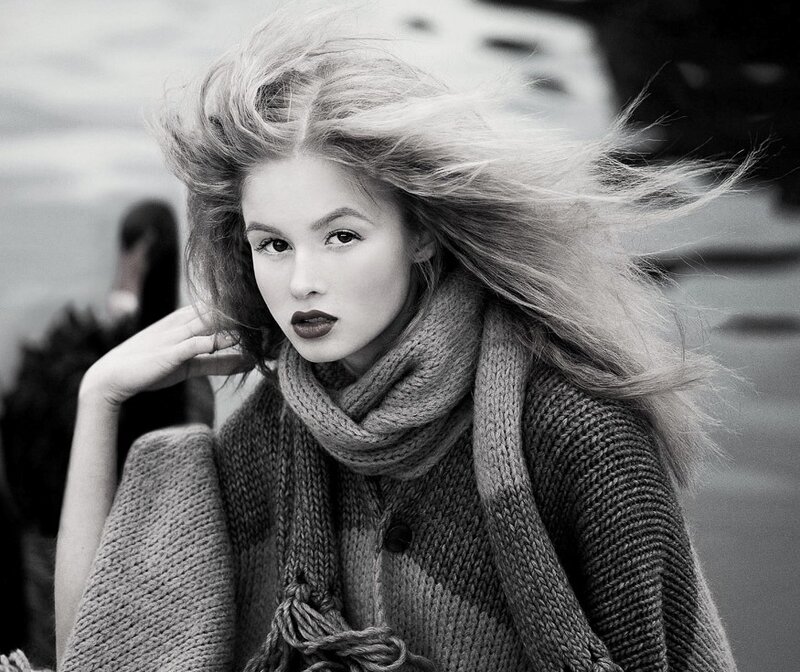 Woman with Wind-blown Hair — Black, Dramatic, Photograph, Scarf