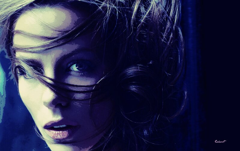 Woman with Wind-blown Hair — Blue, Dramatic, Digital Art