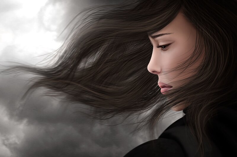 Woman with Wind-blown Hair — Gray, Dramatic
