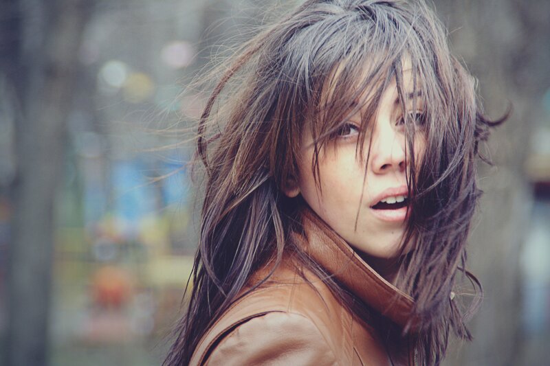 woman with windblown hair