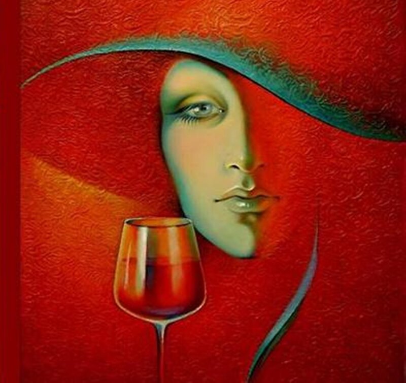 Woman with Wine Glass — Red, Dramatic